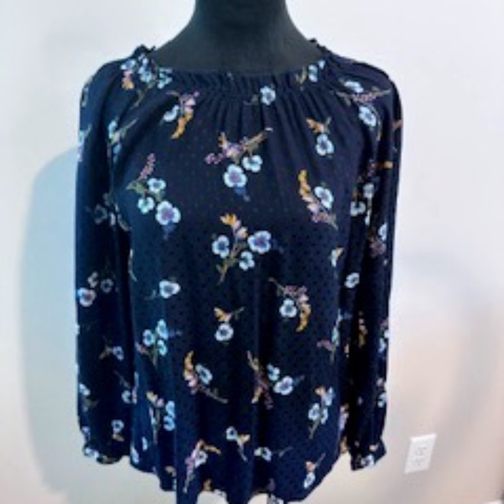 REBECCA TAYLOR Top Womens Size 4 Blue Floral 100% Silk Natalie Off The Shoulder